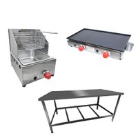 Kit Lanchonete Mesa de Manipulação 120x55cm + Fritadeira a Gás 1 Cuba + Chapa a Gás 60cm Alcamar