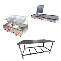 Kit Lanchonete Mesa de Manipulação 120x55cm + Fritadeira a Gás 2 Cuba + Chapa a Gás 90cm Alcamar