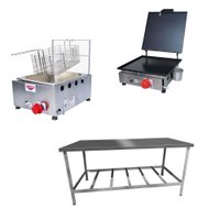 Kit Lanchonete Mesa de Manipulação 190x70cm + Fritadeira a Gás 1 Cuba + Chapa a Gás 30cm Alcamar