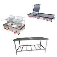 Kit Lanchonete Mesa de Manipulação 190x70cm + Fritadeira a Gás 2 Cuba + Chapa a Gás 90cm Alcamar