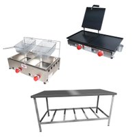 Kit Lanchonete Mesa de Manipulação 190x70cm + Fritadeira a Gás 2 Cuba + Chapa a Gás 60cm Alcamar