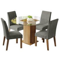 Conjunto Sala de Jantar Mesa Tampo de Vidro Redondo 4 Cadeiras Rustic/Silver Mile Madesa