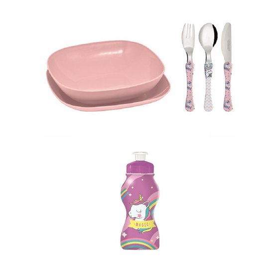 Conjunto Pratos, Talheres e Garrafinha Infantil Unicornio