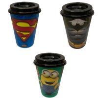 Kit 3 Copos para Café 320 Ml Tampa, Batman, Superman, Minion