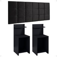 Kit 2 Mesas Cabeceira Preto Prateleira Organizadora Painel Suspenso Bia Estofado Cama Box Queen Size 1,60 Suede - RPM