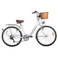 Bicicleta Retrô Aro 26 7V Branca Shimano City Cestinha Farol