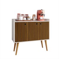 Aparador Buffet Wood Prime 3 Portas Cantinho Café Prateleira Pés Palito Decoração Retrô - Off White|Ripado Nature -RPM