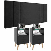 Conjunto Quarto Cabeceira Casal 1,40 Luana com 2 Mesas de Cabeceira Dream Preto