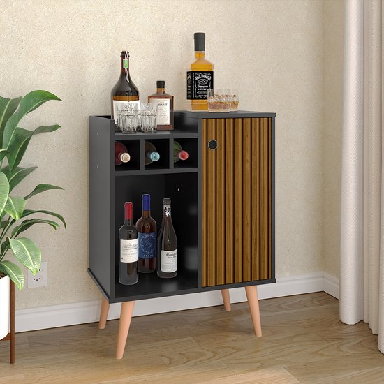 Aparador Barzinho Compacto Adega Pés Estilo Retrô Cantinho Sala Nala Preto/ Ripado Nature - Lojas RPM