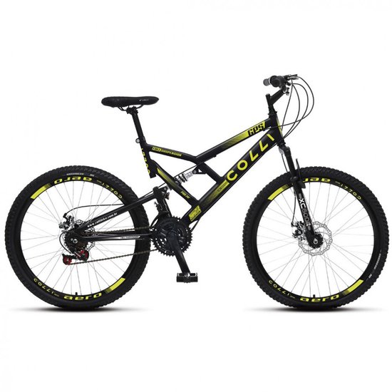 Bicicleta Colli 220 Aro Aéreo 26 Dupla Suspensão 21 Marchas Freios a Disco - Preto Fosco/Amarelo Neon
