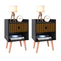 Conjunto Kit 2 Mesas de Cabeceira Retrô Pequena Decore com Gaveta - Preto / Ripado Nature - Lojas RPM