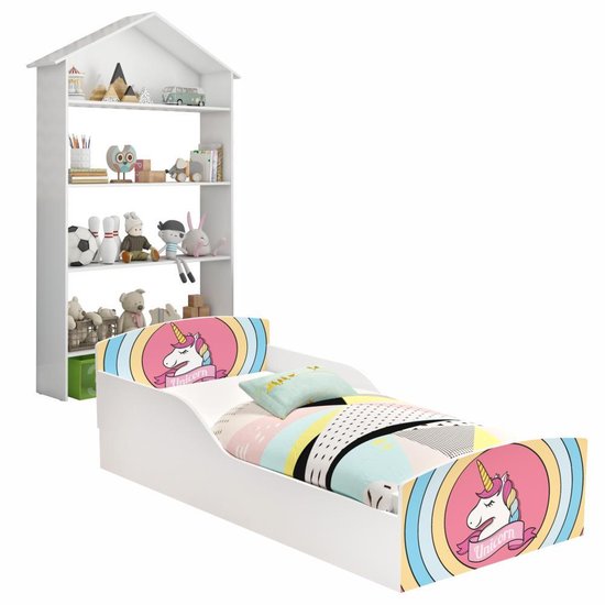 Conjunto Cama Infantil Montessoriana Sonho Unicórnio e Estante Infantil Casinha Buba Branco
