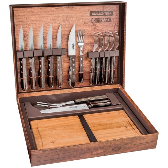 Kit para Churrasco Tramontina Aço Inox e Cabos em Madeira Polywood Castanho 15 Peças