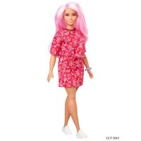 Boneca Barbie Fashionistas 151 Cabelo Rosa Blusa e Saia Vermelha Estampada - Mattel