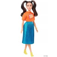 Boneca Barbie Fashionistas 145 Rabo de Cavalo Longo Blusa Laranja Saia Azul - Mattel