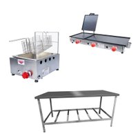 Kit Lanchonete com Mesa de Manipulação 190x70cm + Fritadeira a Gás 1 Cuba + Chapa a Gás 90cm Alcamar