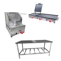 Kit Lanchonete Mesa de Manipulação 190 x 70cm + Fritadeira a Gás 1 Cuba + Chapa a Gás 90cm Alcamar