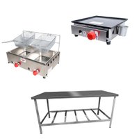 Kit Lanchonete Mesa de Manipulação 190x70 cm + Fritadeira a Gás 2 Cuba + Chapa a Gás 30cm Alcamar
