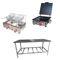 Kit Lanchonete Mesa de Manipulação 190x70cm + Fritadeira a Gás + Chapa a Gás 30cm Alcamar