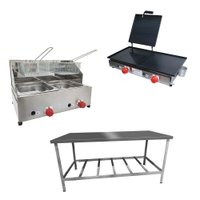 Kit Lanchonete Mesa de Manipulação 190x70cm + Fritadeira a Gás 2 Cuba + Chapa a Gás de 60 cm Alcamar
