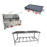Kit Lanchonete Mesa de Manipulação de 190x70cm + Fritadeira a Gás 2 Cuba + Chapa a Gás 60cm Alcamar