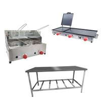 Kit Lanchonete Mesa de Manipulação 190x70 cm + Fritadeira a Gás 2 Cuba + Chapa a Gás 90cm Alcamar