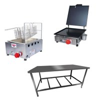 Kit Lanchonete Mesa de Manipulação 120x 55cm + Fritadeira a Gás 1 Cuba + Chapa a Gás 30cm Alcamar
