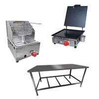 Kit Lanchonete Mesa de Manipulação 120 x 55cm + Fritadeira a Gás 1 Cuba + Chapa a Gás 30cm Alcamar
