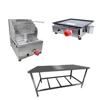 Kit Lanchonete Mesa de Manipulação 120x55 cm + Fritadeira a Gás 1 Cuba + Chapa a Gás 30cm Alcamar