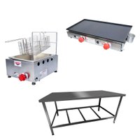 Kit Lanchonete Mesa de Manipulação 120x55cm + Fritadeira a Gás 1 Cuba + Chapa a Gás 60 cm Alcamar