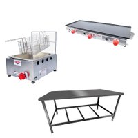 Kit Lanchonete Mesa Manipulação 120x55cm + Fritadeira a Gás 1 Cuba + Chapa a Gás 90cm Alcamar