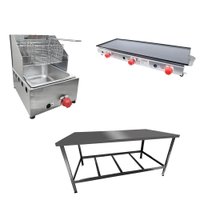 Kit Lanchonete com Mesa de Manipulação 120x55cm + Fritadeira a Gás 1 Cuba + Chapa a Gás 90cm Alcamar