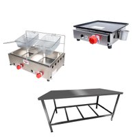 Kit Lanchonete Mesa de Manipulação 120 x 55cm + Fritadeira a Gás 2 Cuba + Chapa a Gás 30cm Alcamar