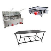 Kit Lanchonete Mesa de Manipulação 120x55cm + Fritadeira a Gás 2 Cuba + Chapa a Gás 30 cm Alcamar