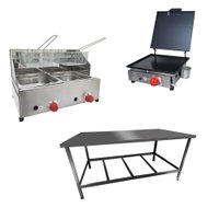 Kit Lanchonete Mesa de Manipulação 120x55cm + Fritadeira Gás 2 Cuba + Chapa a Gás 30 cm Alcamar
