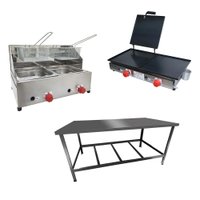Kit Lanchonete Mesa de Manipulação 120x55cm + Fritadeira a Gás 2 + Chapa a Gás 60 cm Alcamar