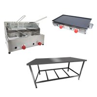 Kit Lanchonete Mesa de Manipulação 120 x 55cm + Fritadeira a Gás + Chapa a Gás 60cm Alcamar