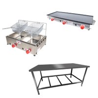 Kit Lanchonete Mesa de Manipulação 120x55 cm + Fritadeira a Gás + Chapa a Gás 90cm Alcamar