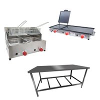Kit Lanchonete Mesa de Manipulação 120x55cm + Fritadeira a Gás 2 Cuba + Chapa a Gás 90 cm