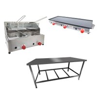 Kit Lanchonete Mesa de Manipulação 120x55 cm + Fritadeira a Gás 2 Cuba + Chapa a Gás 90cm