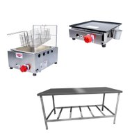 Kit Lanchonete Mesa de Manipulação 190 x 70cm + Fritadeira a Gás 1 Cuba + Chapa a Gás 30cm