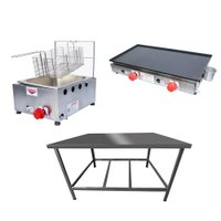 Kit para Lanchonete Mesa Manipulação 100x55cm + Fritadeira a Gás 1 Cuba + Chapa a Gás 60cm Alcamar