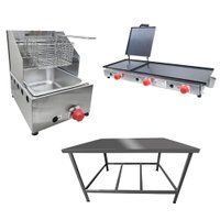 Kit para Lanchonete Mesa de Manipulação 100x55cm + Fritadeira a Gás + Chapa a Gás 90cm Alcamar