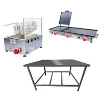 Kit de Lanchonete Mesa de Manipulação 100x55cm + Fritadeira a Gás 1 Cuba + Chapa a Gás 90cm Alcamar