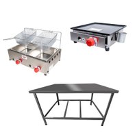 Kit de Lanchonete Mesa de Manipulação 100x55 cm + Fritadeira a Gás 2 Cuba + Chapa a Gás 30 cm Alcamar