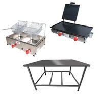 Kit Lanchonete Mesa de Manipulação 100 x 55 cm + Fritadeira a Gás 2 Cuba + Chapa a Gás 60 cm Alcamar