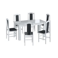 Conjunto Mesa de Jantar Clássica 6 Cadeiras Estofadas Móveis Canção - Branco com Preto