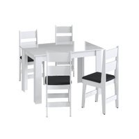 Conjunto Mesa de Jantar Fixa 4 Cadeiras Com Assento Estofado Móveis Canção - Branco com Preto