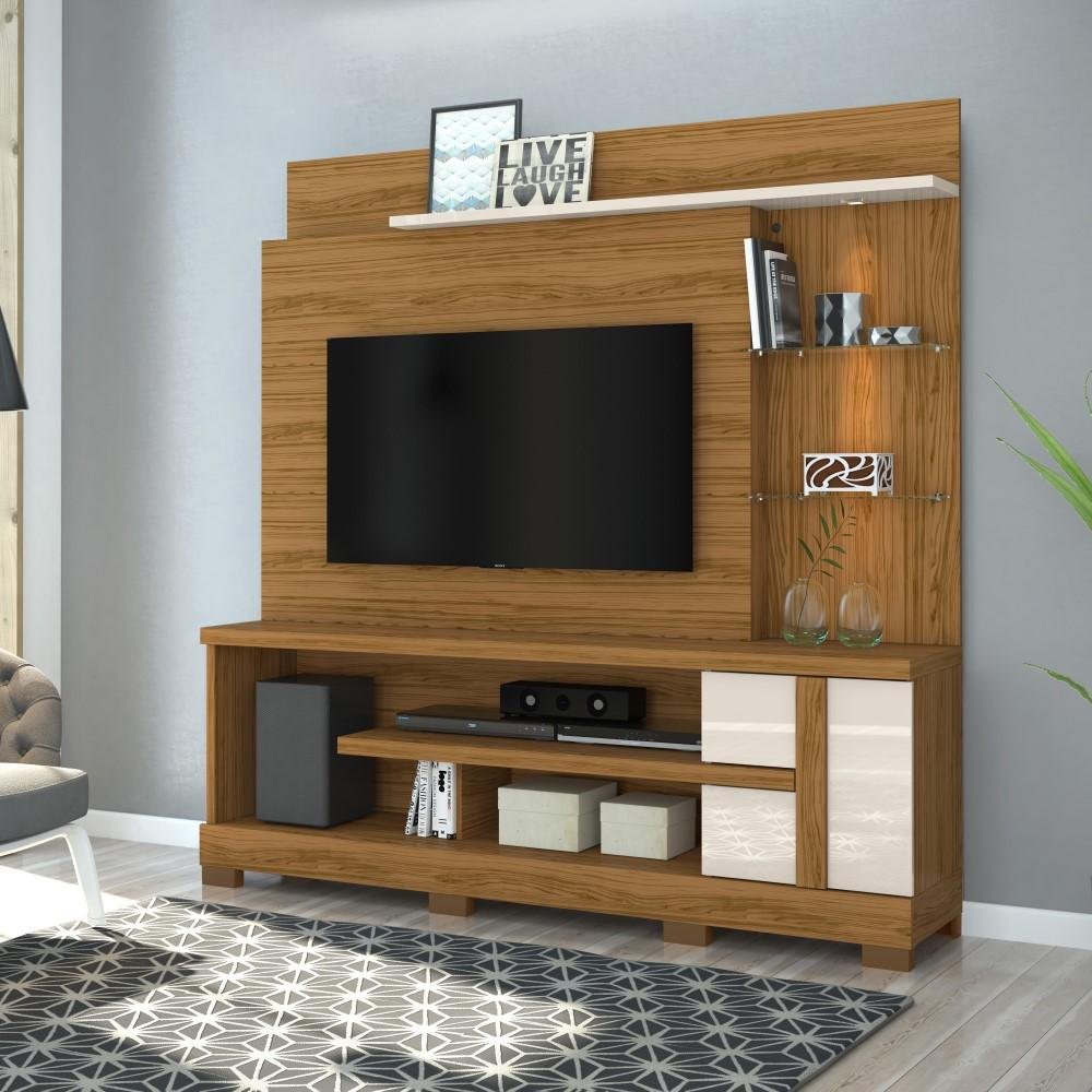 Home Theater Rack Painel 1 Porta LED Sala Marrom Off White Rack Com