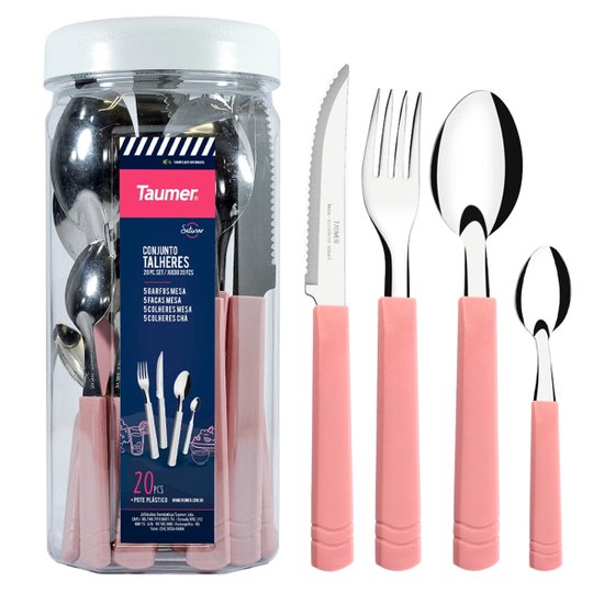 Faqueiro 20 Peças Com Pote Plástico Jogo De Talheres Aço Inox Com Cabos Rosa Pastel 7898132155636 - Rosa